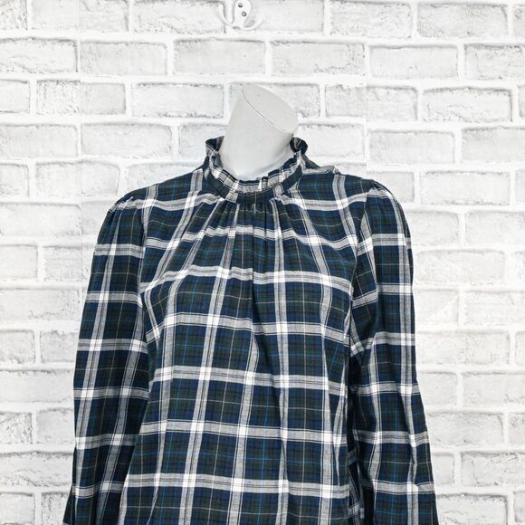 Trovata Birds of Paradis Mock Neck Blouse Green Plaid Cotton size Large - Picture 8 of 9